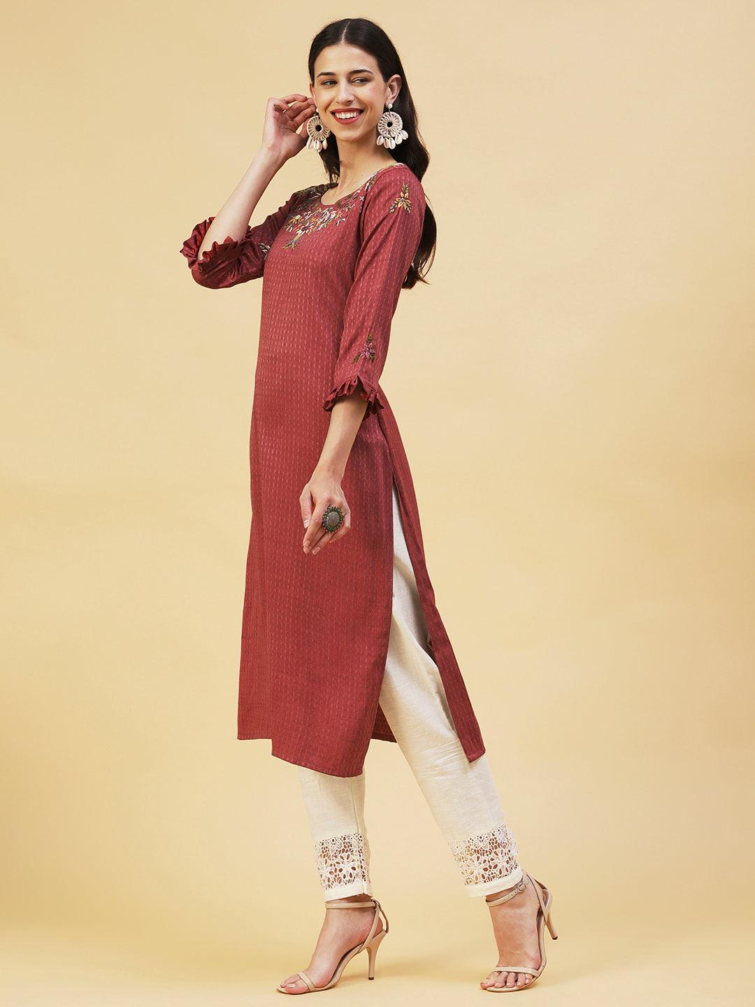 Floral Hand Embroidered Straight Fit Kurta - Brown - Indiakreations