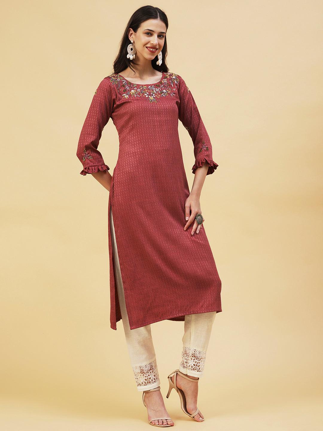 Floral Hand Embroidered Straight Fit Kurta - Brown - Indiakreations