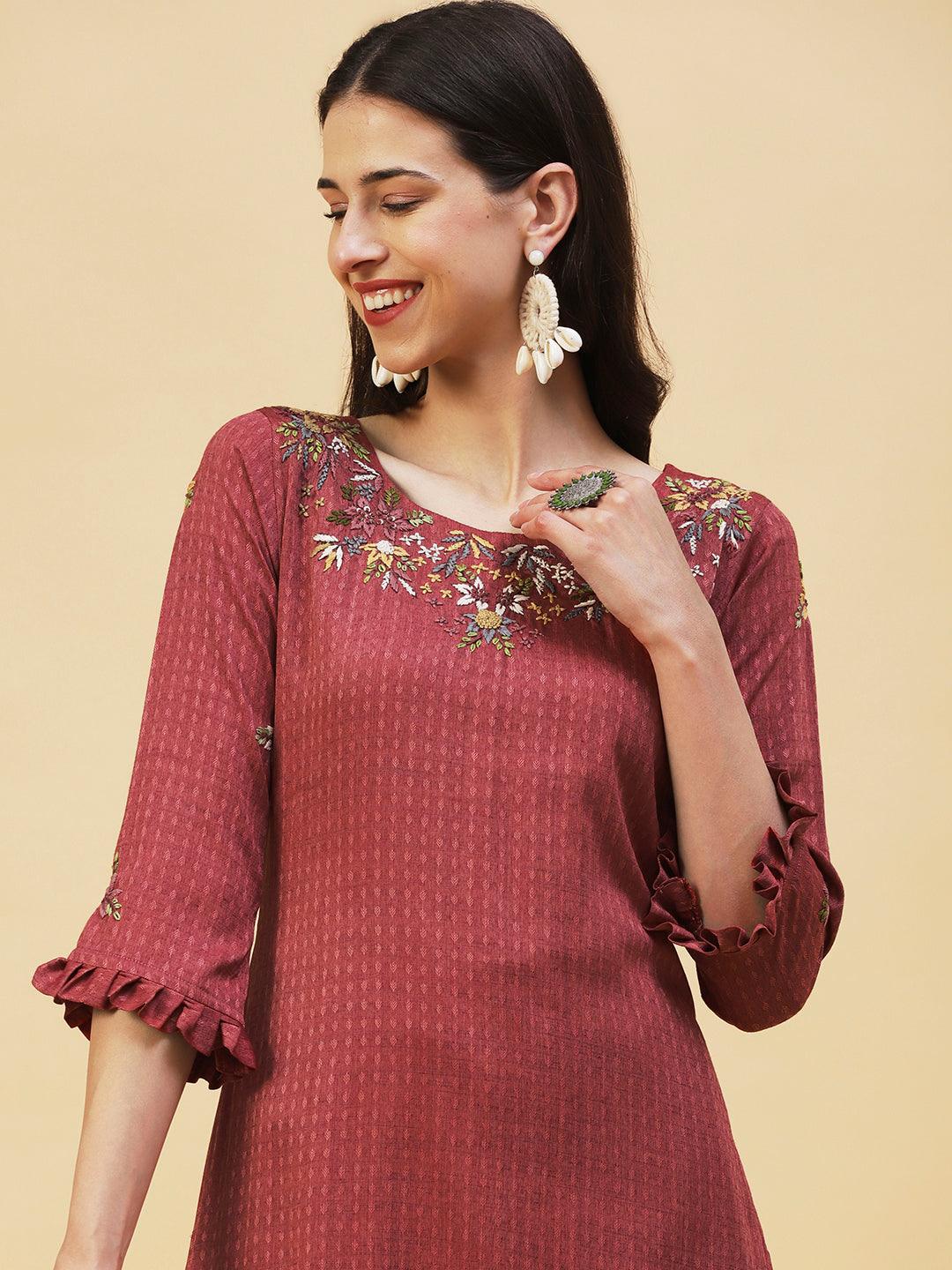 Floral Hand Embroidered Straight Fit Kurta - Brown - Indiakreations