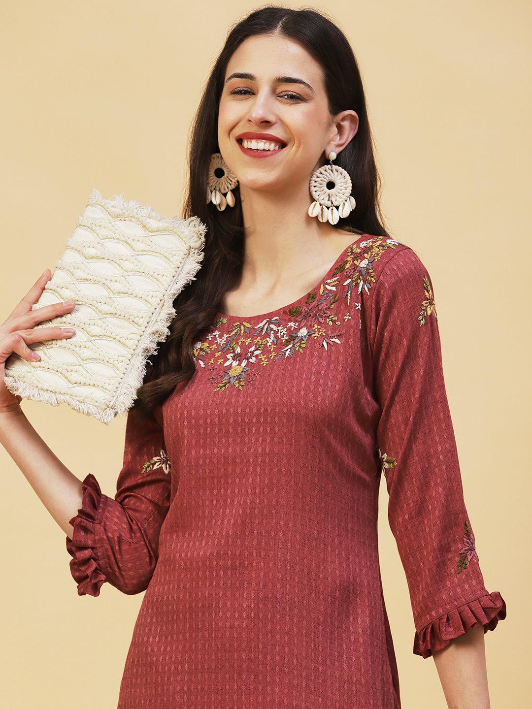 Floral Hand Embroidered Straight Fit Kurta - Brown - Indiakreations