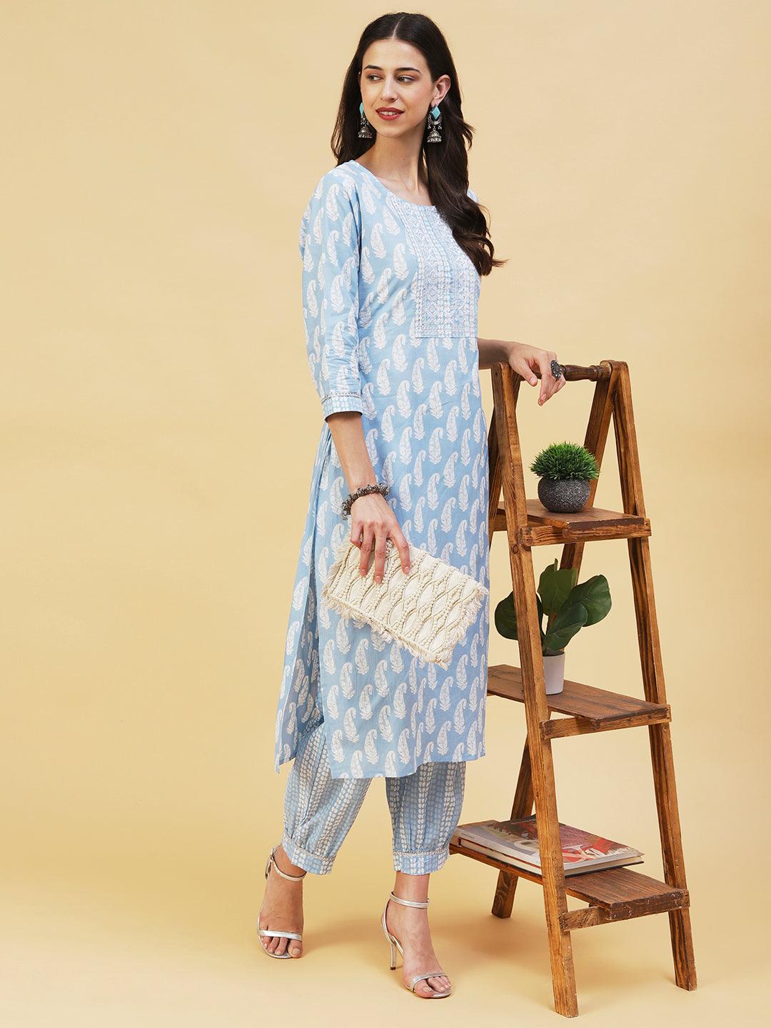 Paisley Printed & Embroidered Straight Fit Kurta with Pant - Blue - Indiakreations