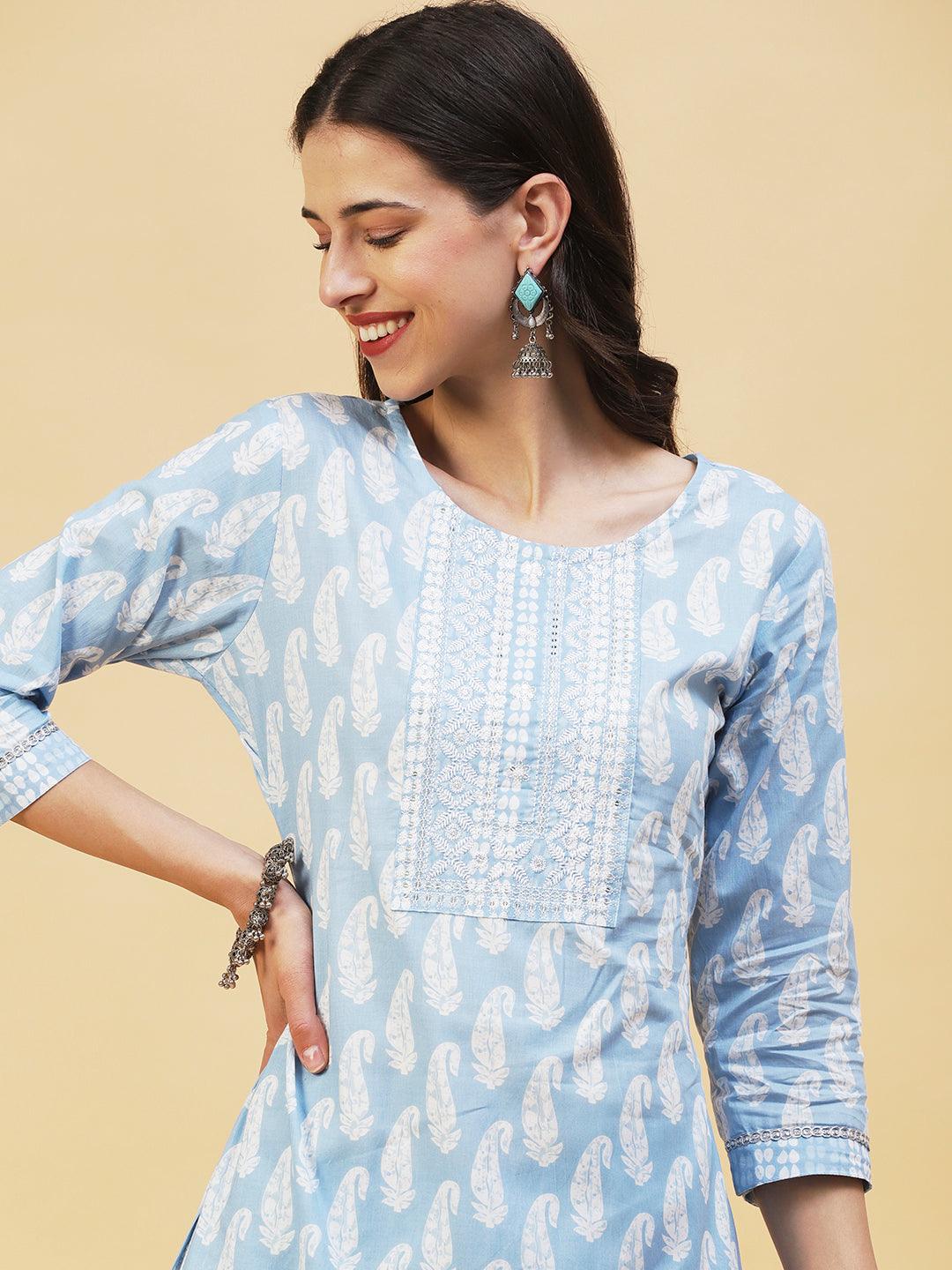 Paisley Printed & Embroidered Straight Fit Kurta with Pant - Blue - Indiakreations