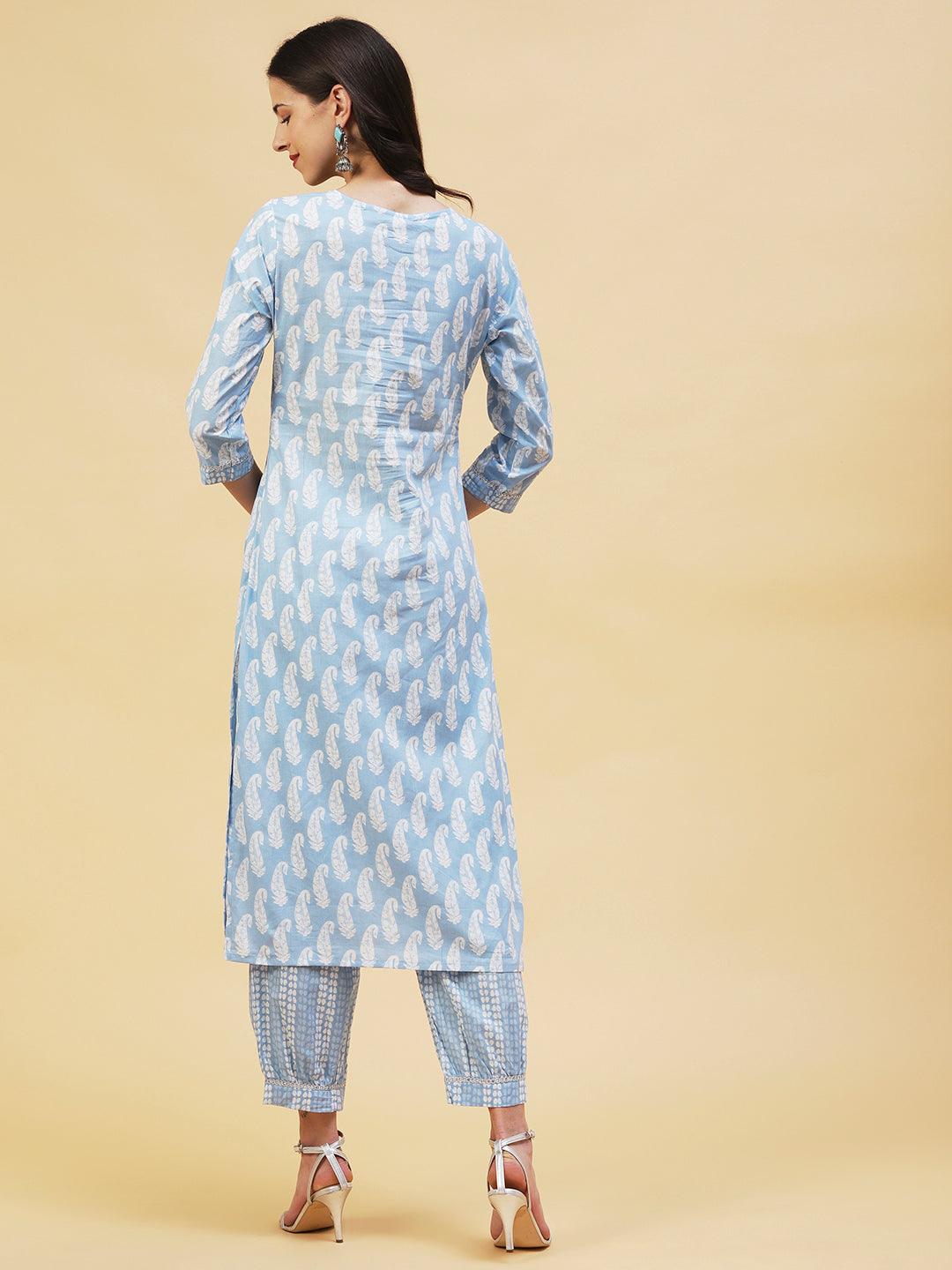 Paisley Printed & Embroidered Straight Fit Kurta with Pant - Blue - Indiakreations