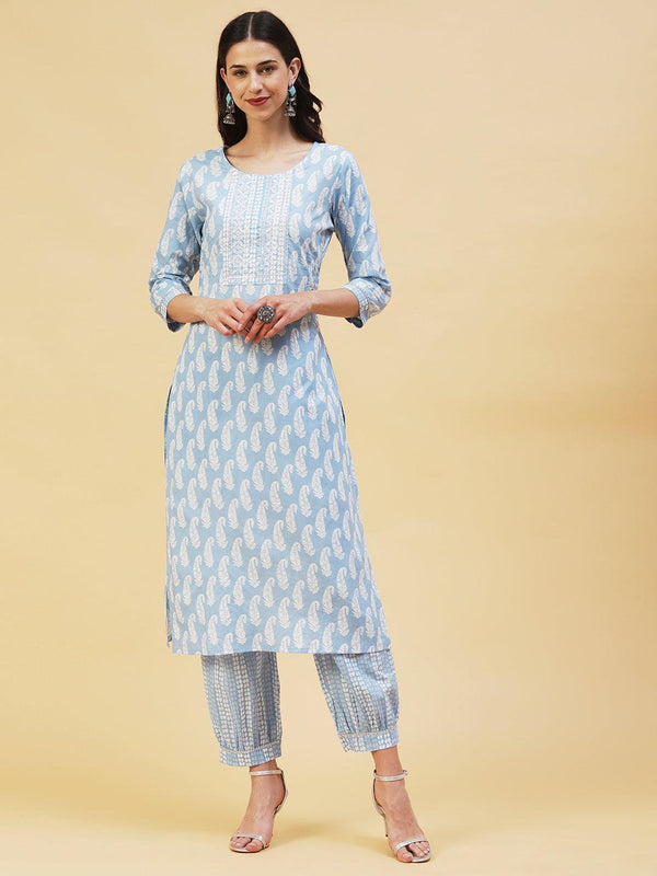 Paisley Printed & Embroidered Straight Fit Kurta with Pant - Blue - Indiakreations