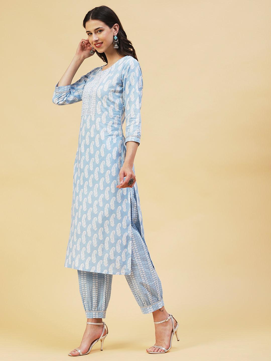 Paisley Printed & Embroidered Straight Fit Kurta with Pant - Blue - Indiakreations