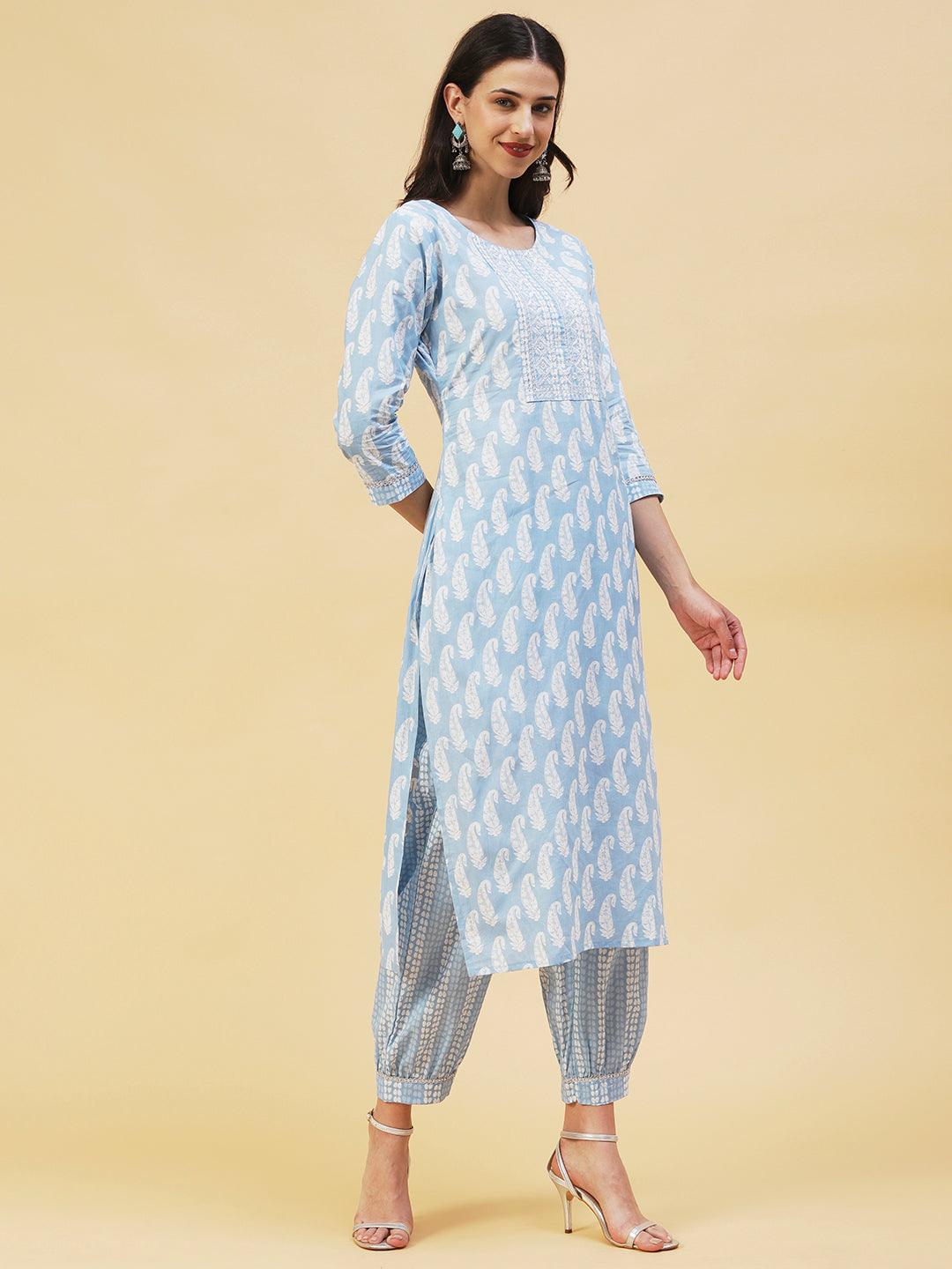 Paisley Printed & Embroidered Straight Fit Kurta with Pant - Blue - Indiakreations