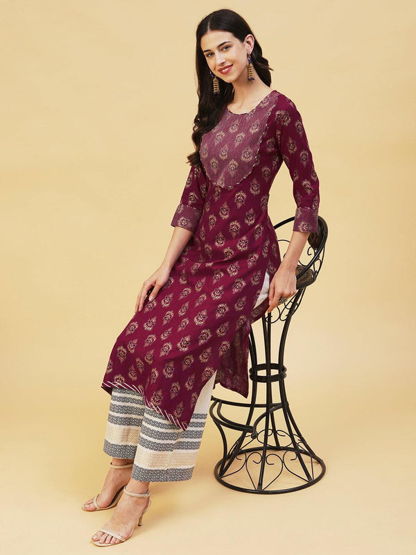 Ethnic Foil Printed Straight Fit Kurta - Maroon - Indiakreations