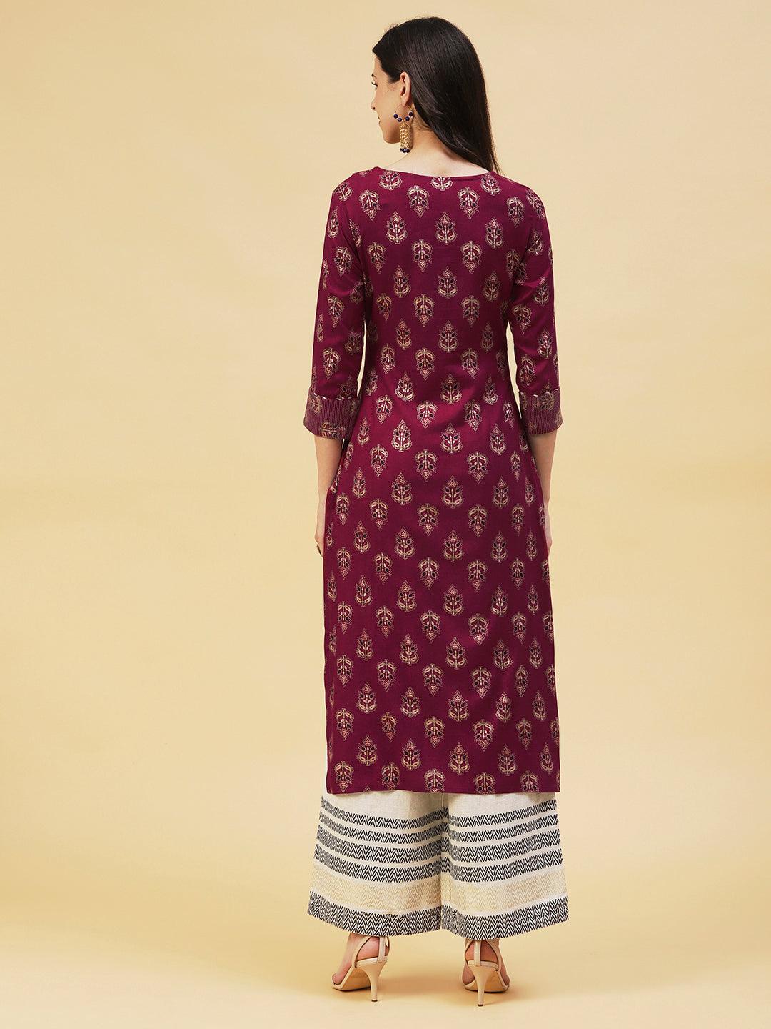 Ethnic Foil Printed Straight Fit Kurta - Maroon - Indiakreations