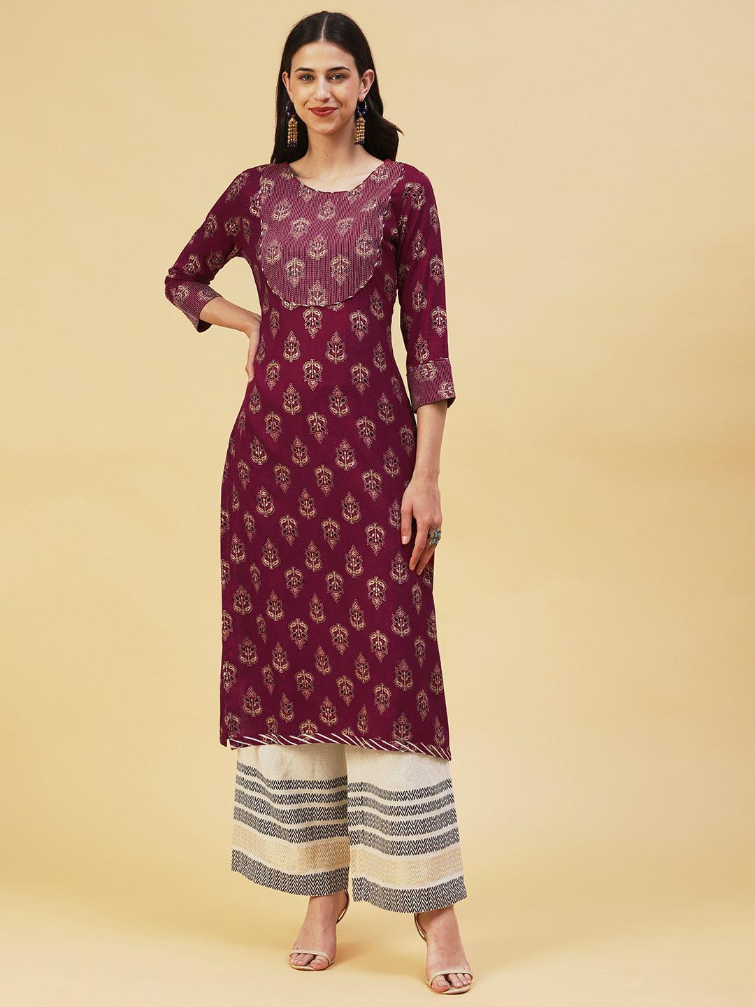 Ethnic Foil Printed Straight Fit Kurta - Maroon - Indiakreations