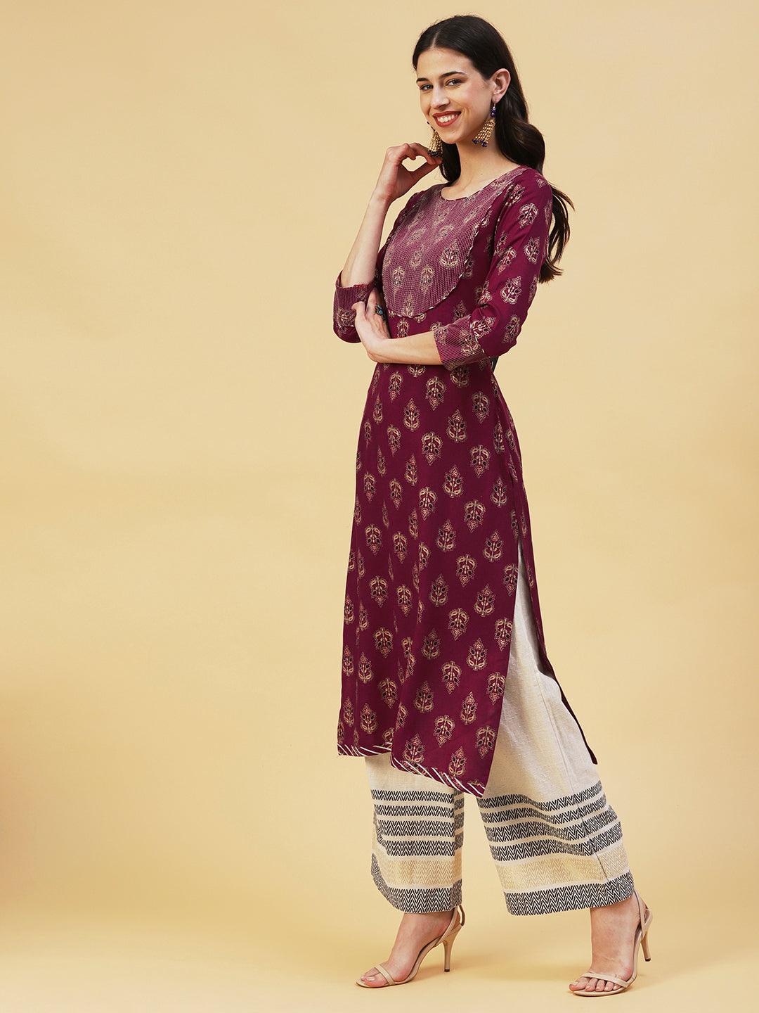 Ethnic Foil Printed Straight Fit Kurta - Maroon - Indiakreations