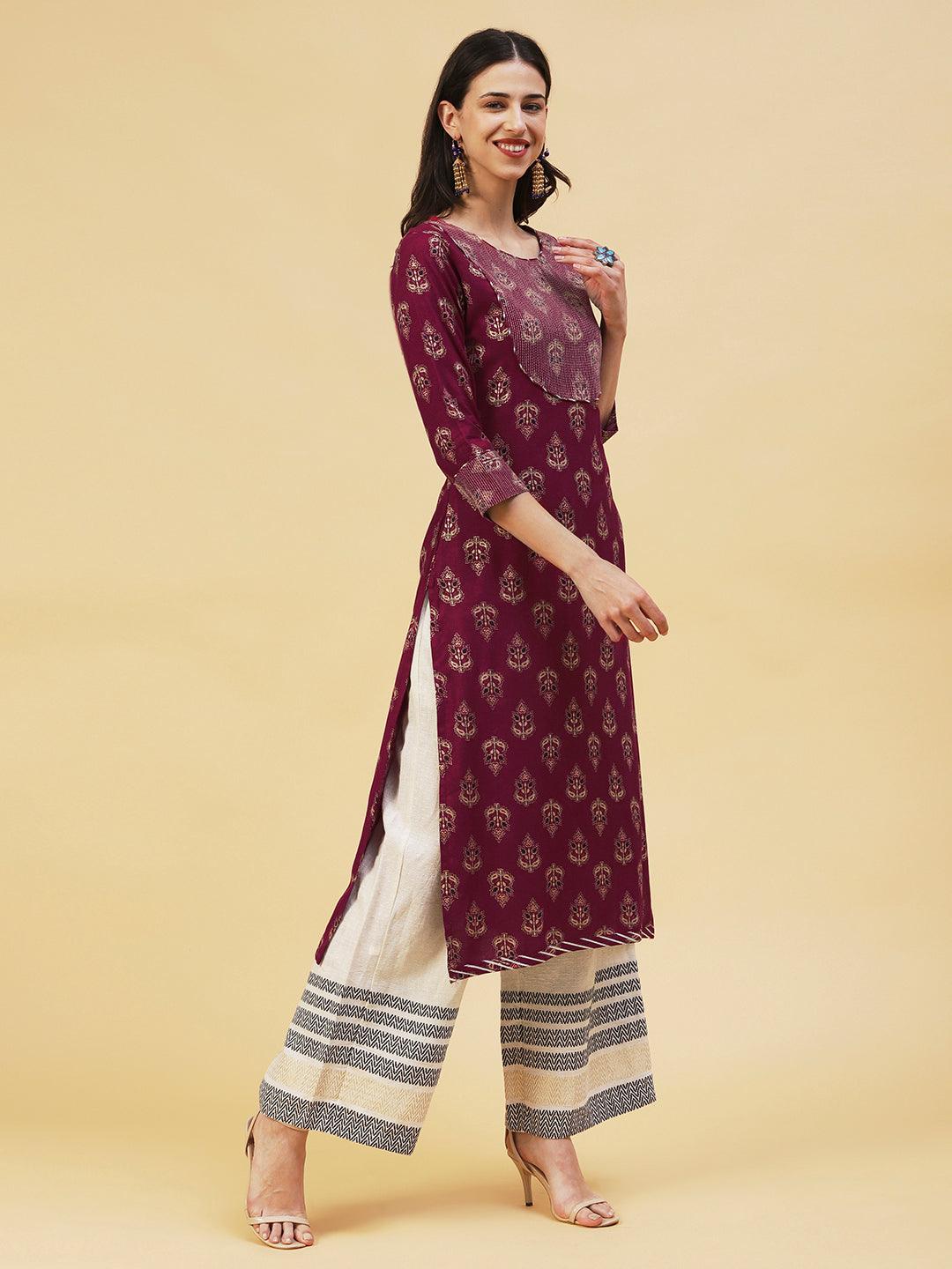 Ethnic Foil Printed Straight Fit Kurta - Maroon - Indiakreations