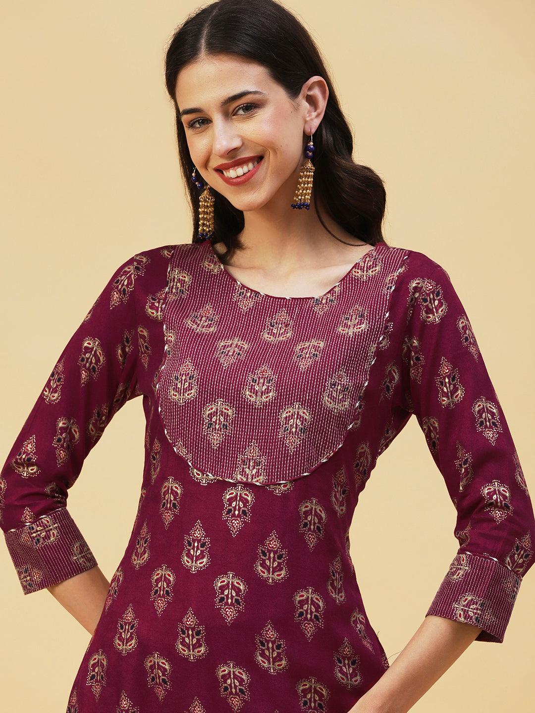 Ethnic Foil Printed Straight Fit Kurta - Maroon - Indiakreations