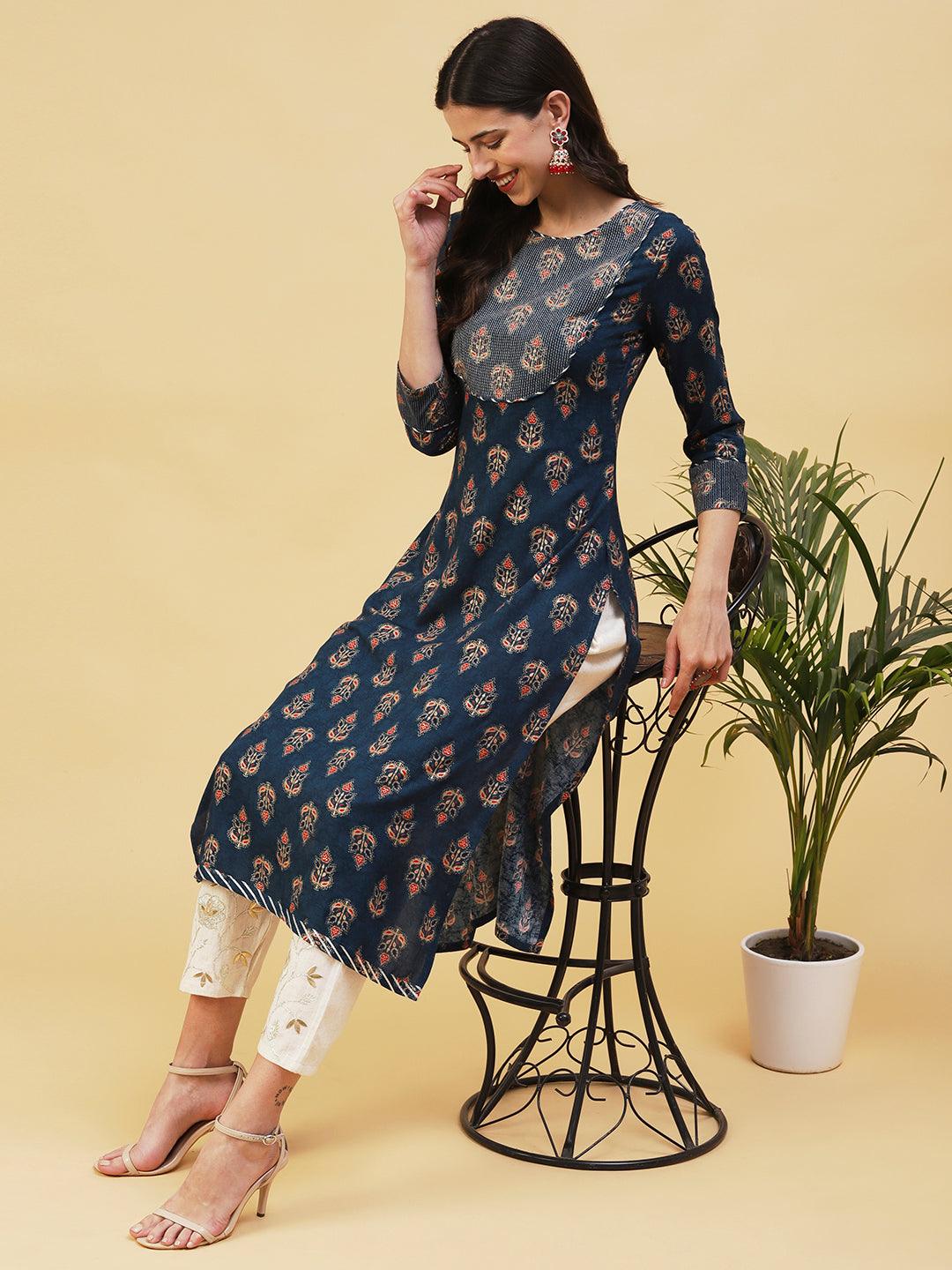 Ethnic Foil Printed Straight Fit Kurta - Teal Blue - Indiakreations