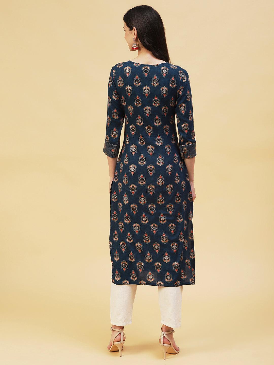 Ethnic Foil Printed Straight Fit Kurta - Teal Blue - Indiakreations