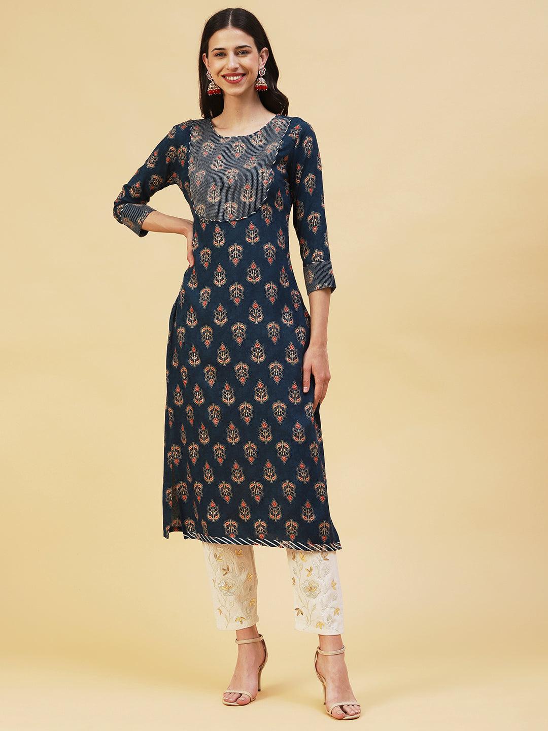 Ethnic Foil Printed Straight Fit Kurta - Teal Blue - Indiakreations