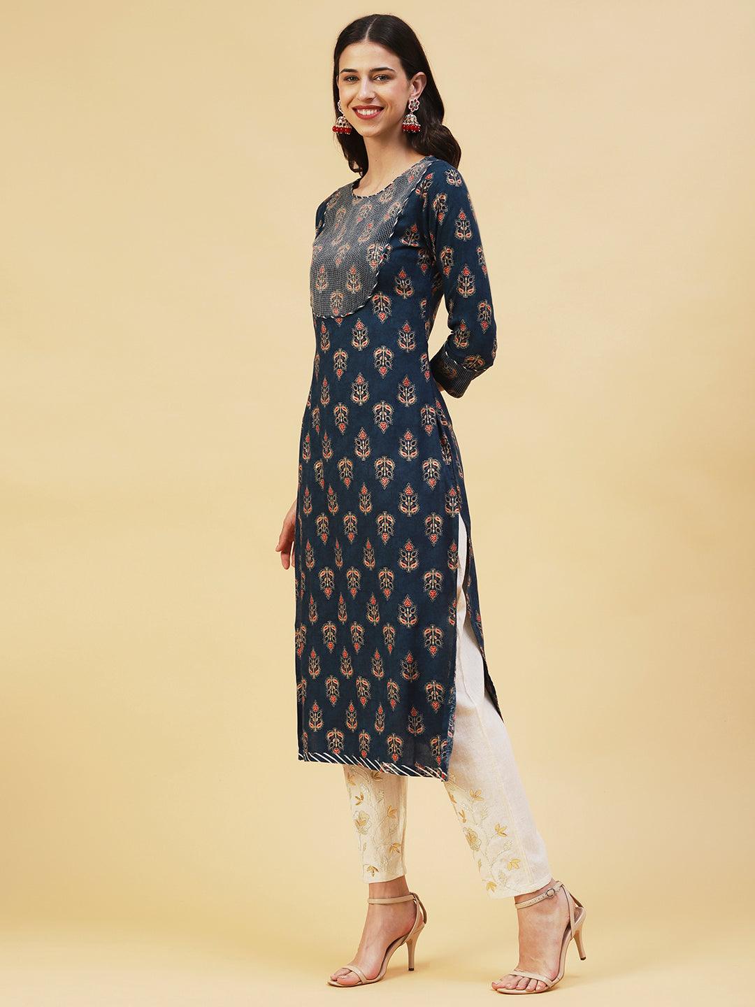 Ethnic Foil Printed Straight Fit Kurta - Teal Blue - Indiakreations