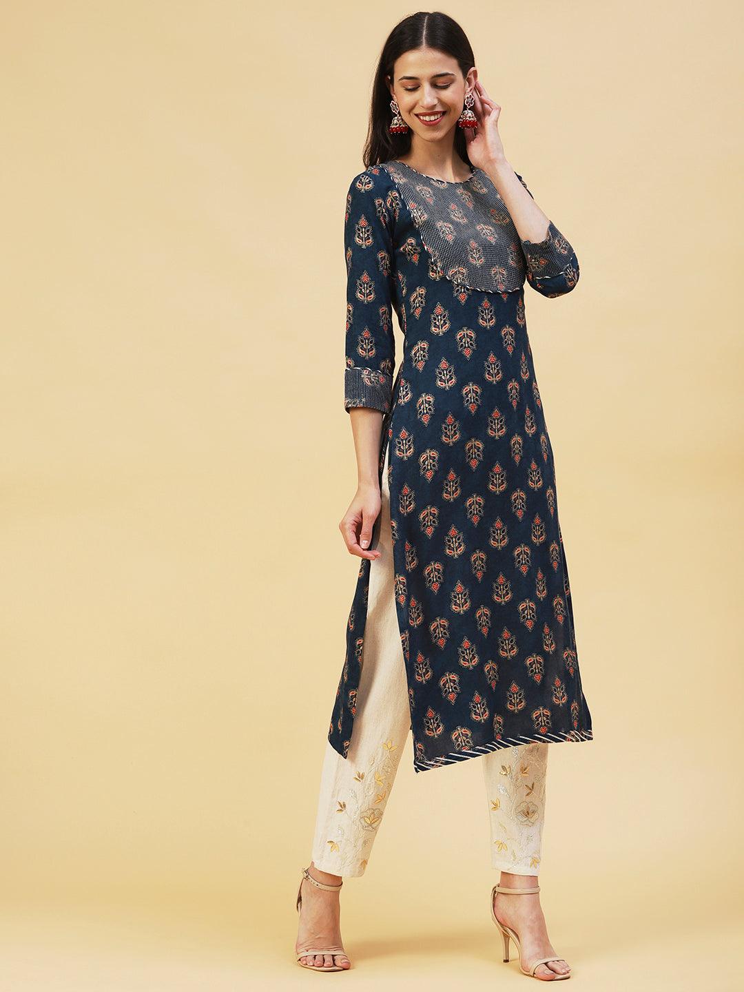 Ethnic Foil Printed Straight Fit Kurta - Teal Blue - Indiakreations