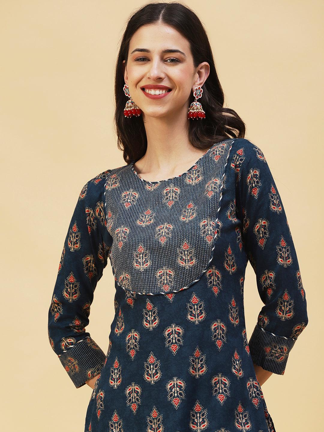 Ethnic Foil Printed Straight Fit Kurta - Teal Blue - Indiakreations