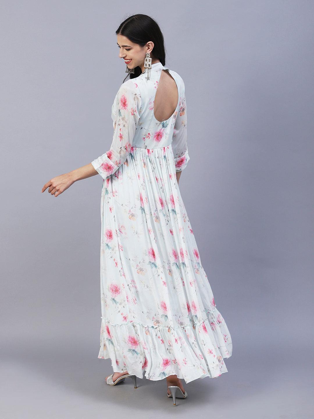 Floral Printed & Hand Embroidered Fit & Flare Maxi Dress - Aqua Blue - Indiakreations