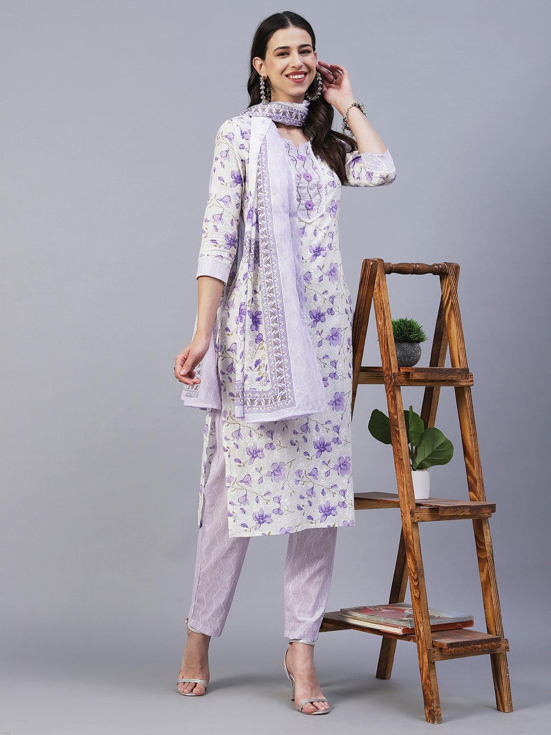 Floral Printed Straight Fit Kurta with Pant & Dupatta - Lavender - Indiakreations