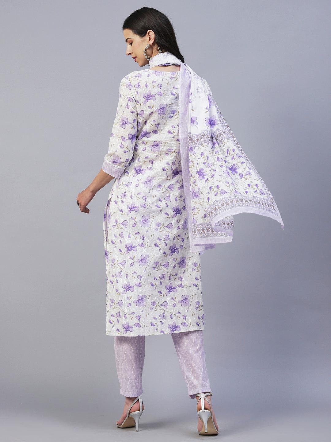 Floral Printed Straight Fit Kurta with Pant & Dupatta - Lavender - Indiakreations