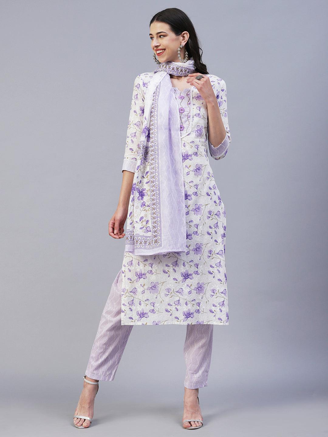 Floral Printed Straight Fit Kurta with Pant & Dupatta - Lavender - Indiakreations