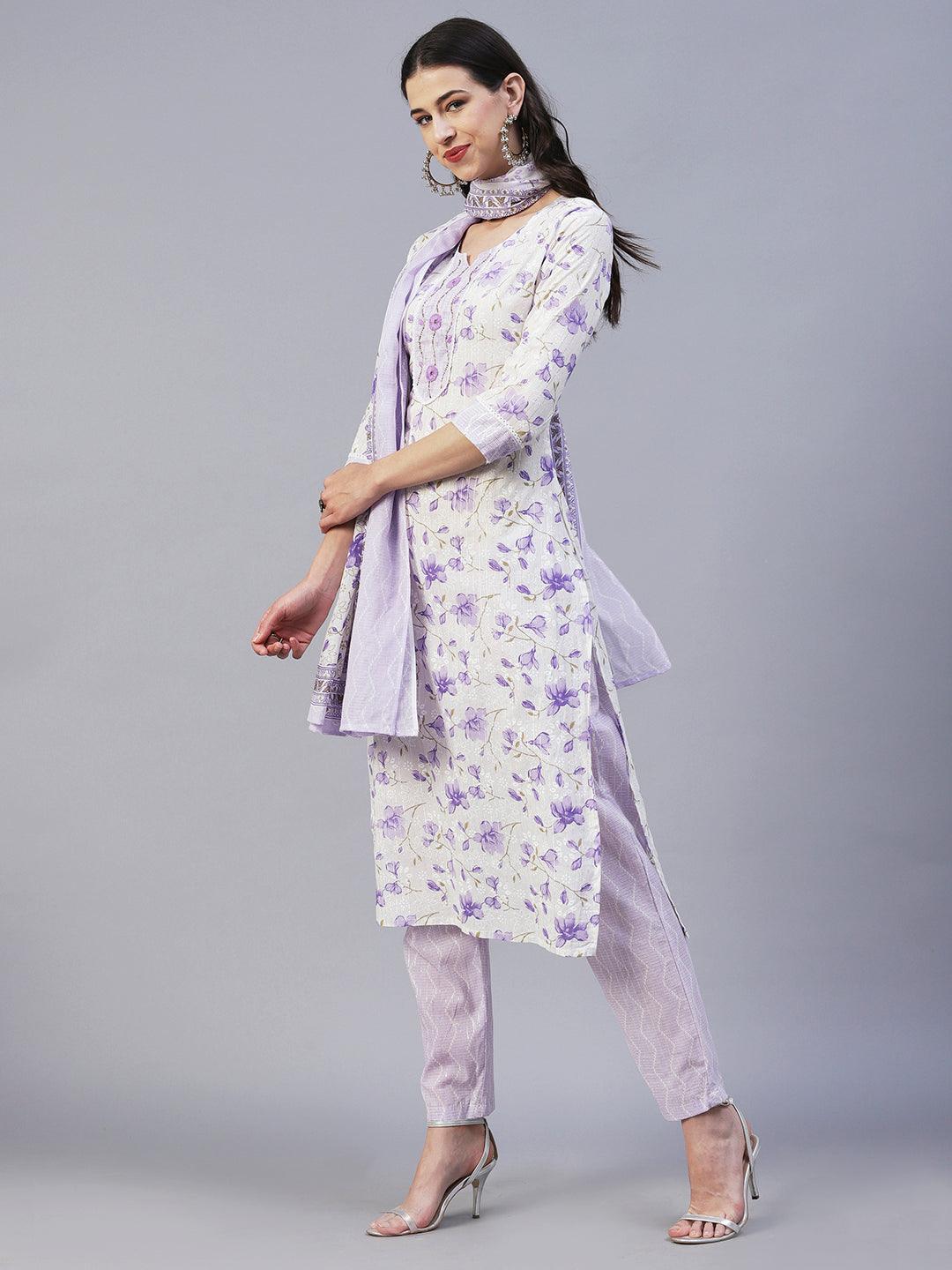 Floral Printed Straight Fit Kurta with Pant & Dupatta - Lavender - Indiakreations