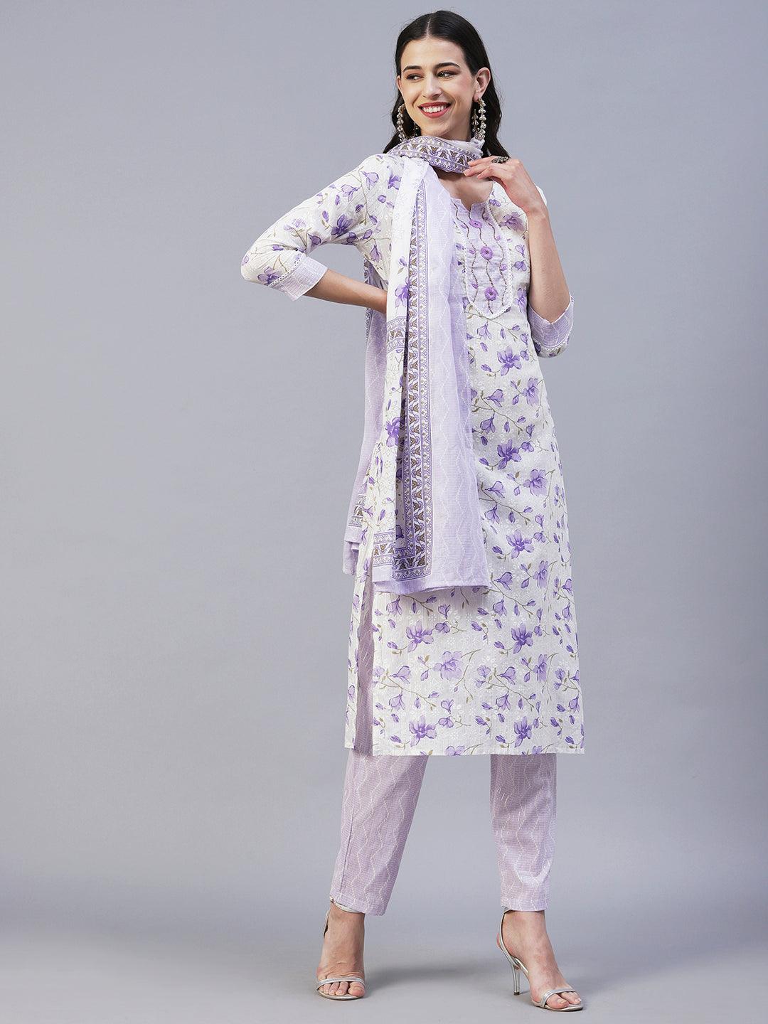 Floral Printed Straight Fit Kurta with Pant & Dupatta - Lavender - Indiakreations