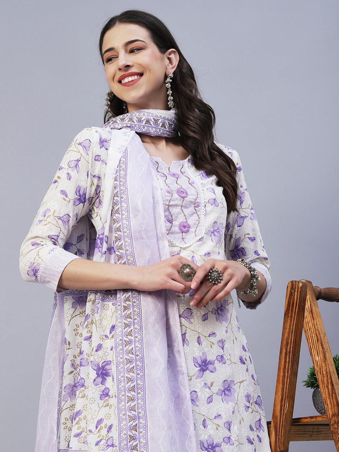 Floral Printed Straight Fit Kurta with Pant & Dupatta - Lavender - Indiakreations