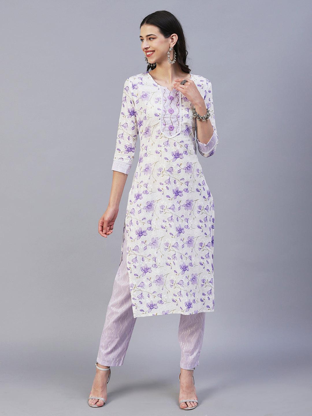 Floral Printed Straight Fit Kurta with Pant & Dupatta - Lavender - Indiakreations