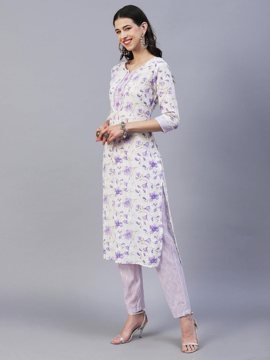 Floral Printed Straight Fit Kurta with Pant & Dupatta - Lavender - Indiakreations