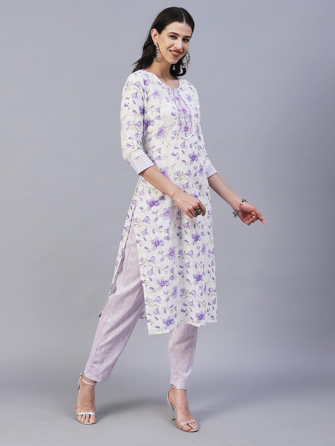 Floral Printed Straight Fit Kurta with Pant & Dupatta - Lavender - Indiakreations