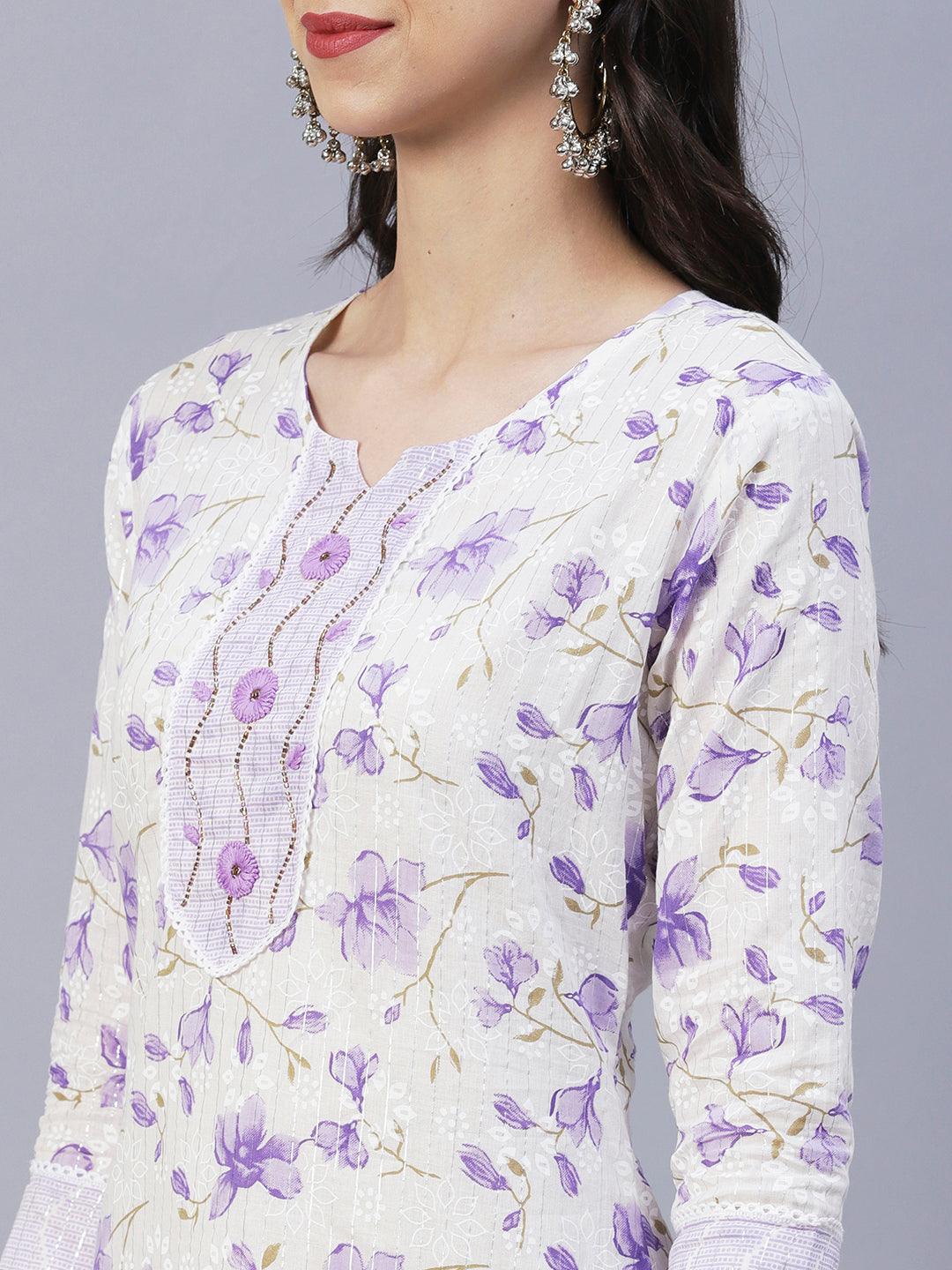 Floral Printed Straight Fit Kurta with Pant & Dupatta - Lavender - Indiakreations