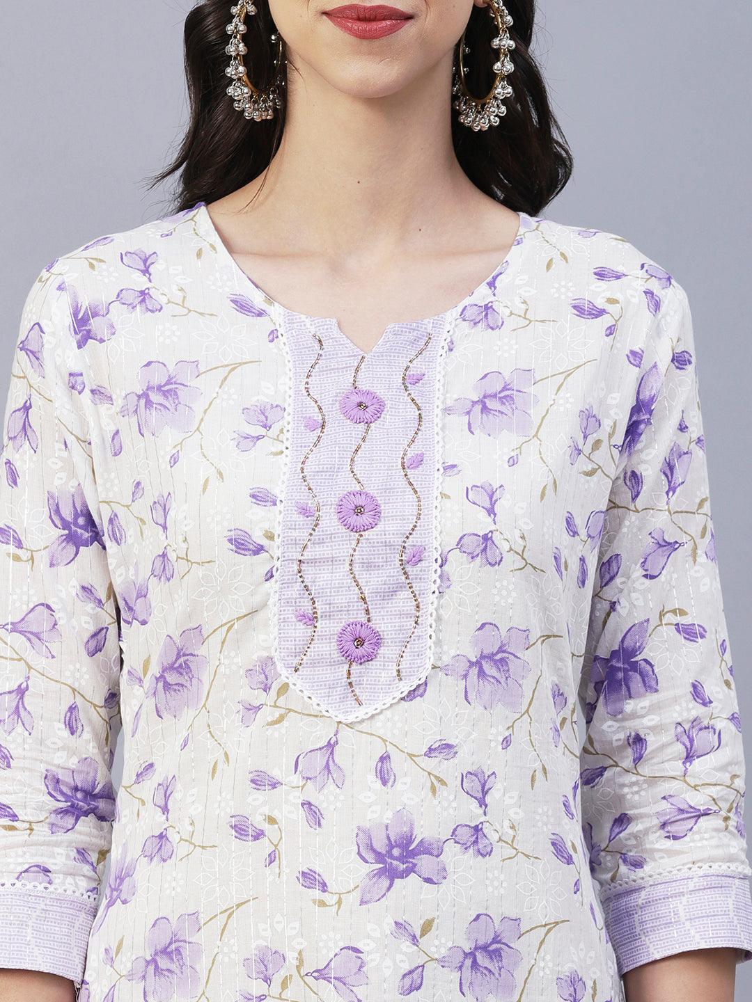 Floral Printed Straight Fit Kurta with Pant & Dupatta - Lavender - Indiakreations