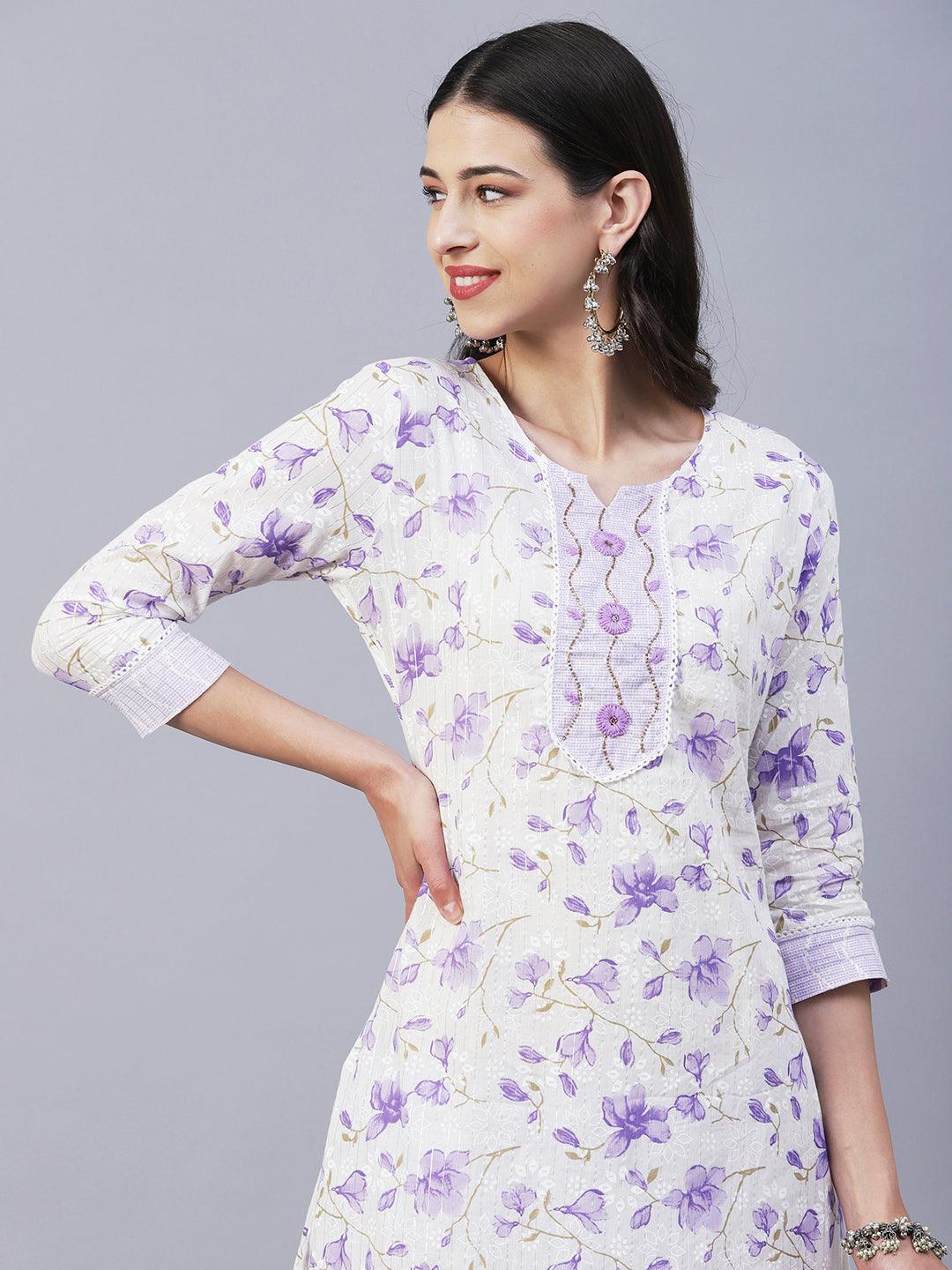 Floral Printed Straight Fit Kurta with Pant & Dupatta - Lavender - Indiakreations