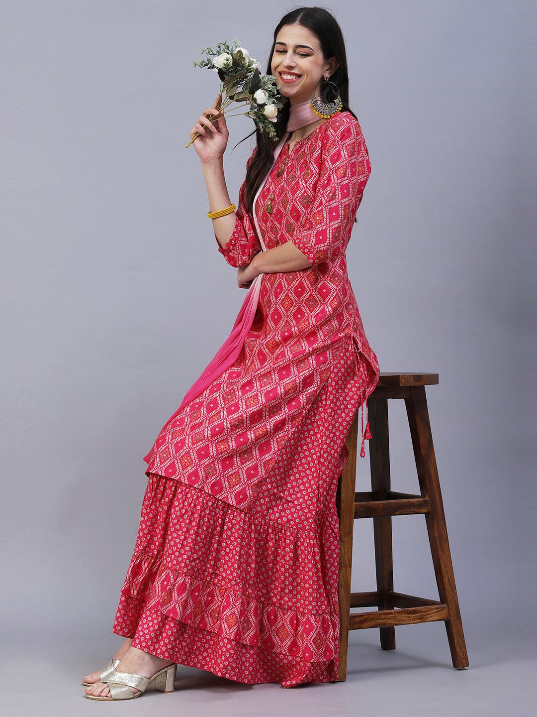 Ethnic Printed & Embroidered Straight Kurta with Skirt & Dupatta - Pink - Indiakreations