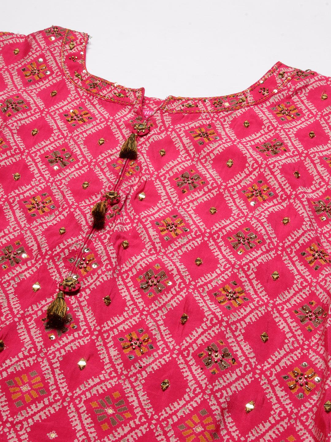 Ethnic Printed & Embroidered Straight Kurta with Skirt & Dupatta - Pink - Indiakreations