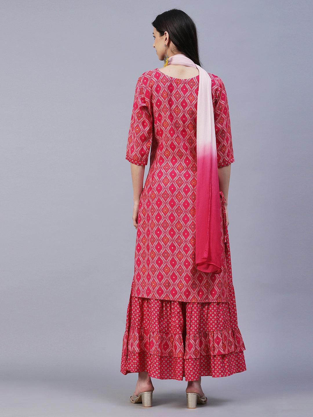 Ethnic Printed & Embroidered Straight Kurta with Skirt & Dupatta - Pink - Indiakreations