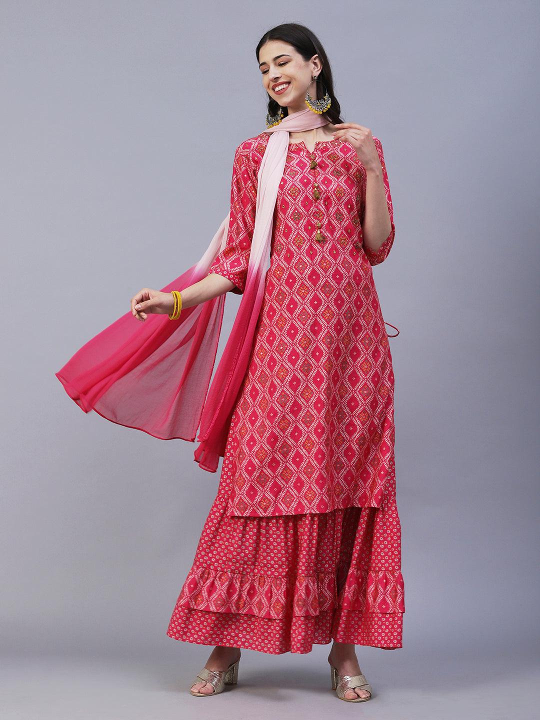 Ethnic Printed & Embroidered Straight Kurta with Skirt & Dupatta - Pink - Indiakreations