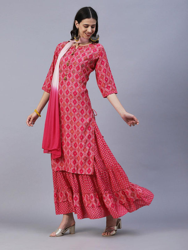 Ethnic Printed & Embroidered Straight Kurta with Skirt & Dupatta - Pink - Indiakreations