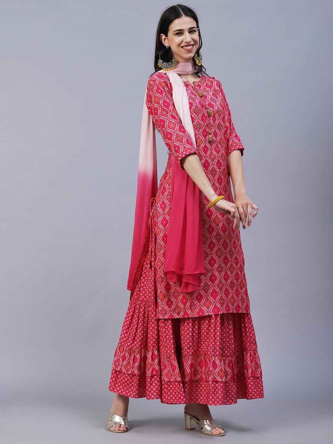 Ethnic Printed & Embroidered Straight Kurta with Skirt & Dupatta - Pink - Indiakreations