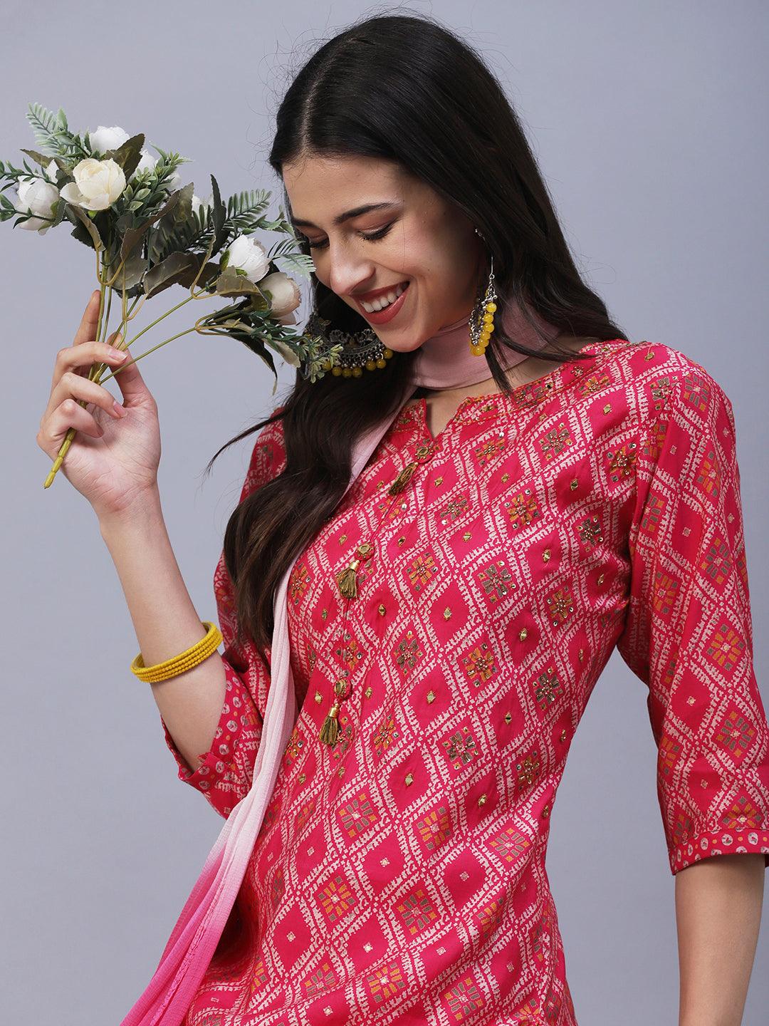 Ethnic Printed & Embroidered Straight Kurta with Skirt & Dupatta - Pink - Indiakreations