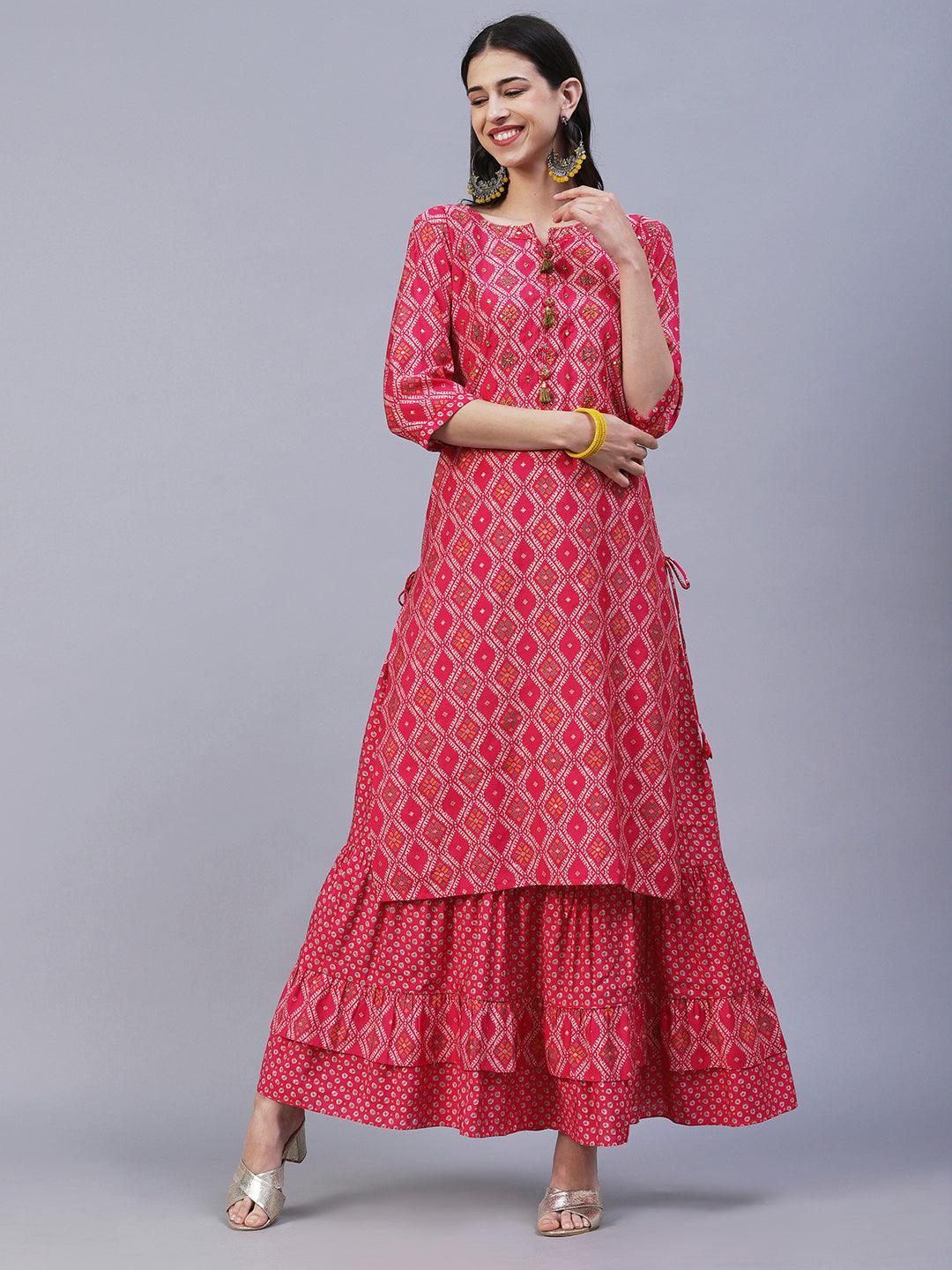 Ethnic Printed & Embroidered Straight Kurta with Skirt & Dupatta - Pink - Indiakreations