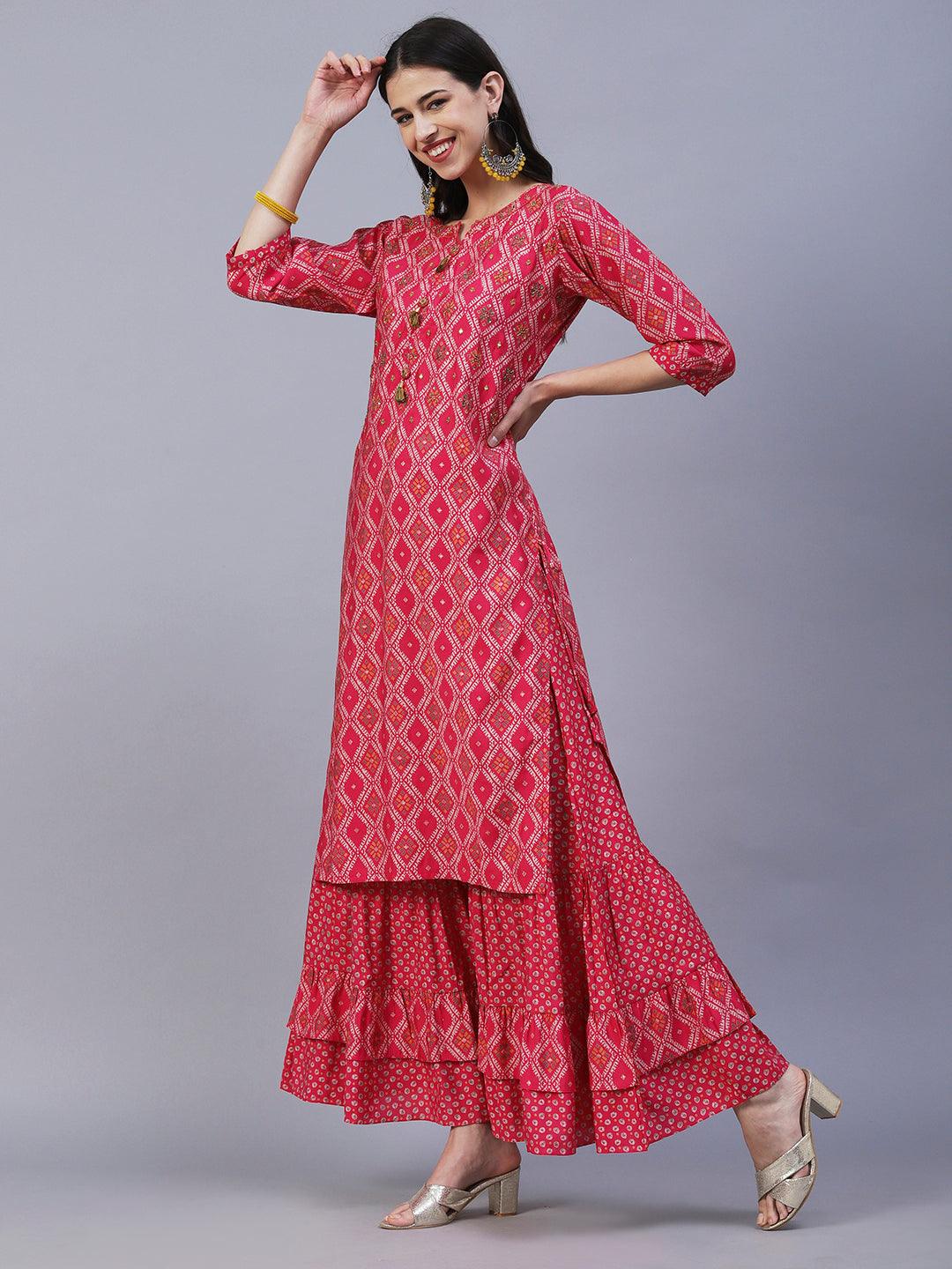 Ethnic Printed & Embroidered Straight Kurta with Skirt & Dupatta - Pink - Indiakreations