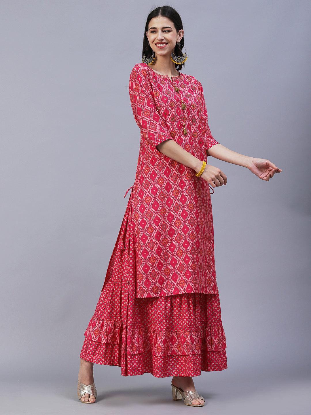 Ethnic Printed & Embroidered Straight Kurta with Skirt & Dupatta - Pink - Indiakreations