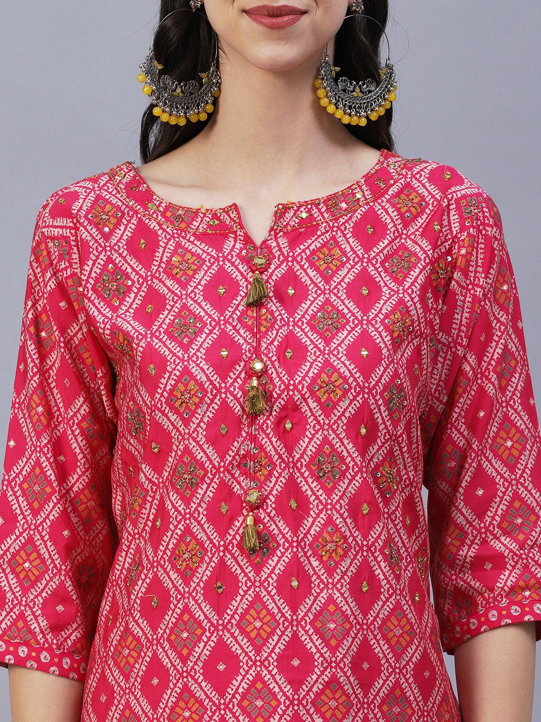 Ethnic Printed & Embroidered Straight Kurta with Skirt & Dupatta - Pink - Indiakreations