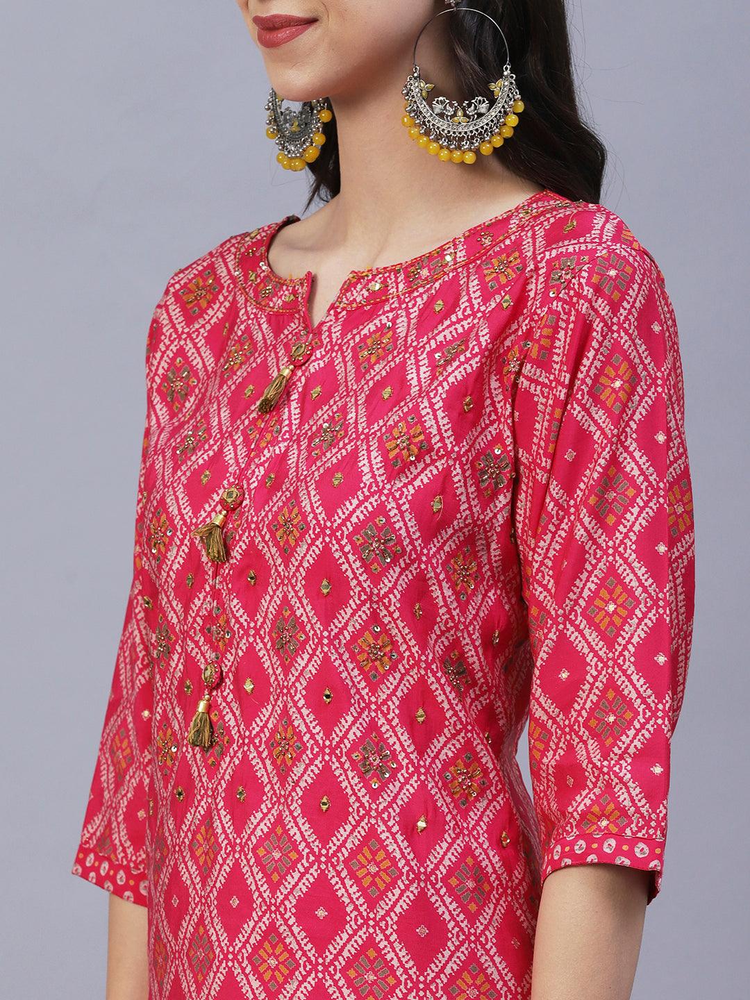 Ethnic Printed & Embroidered Straight Kurta with Skirt & Dupatta - Pink - Indiakreations