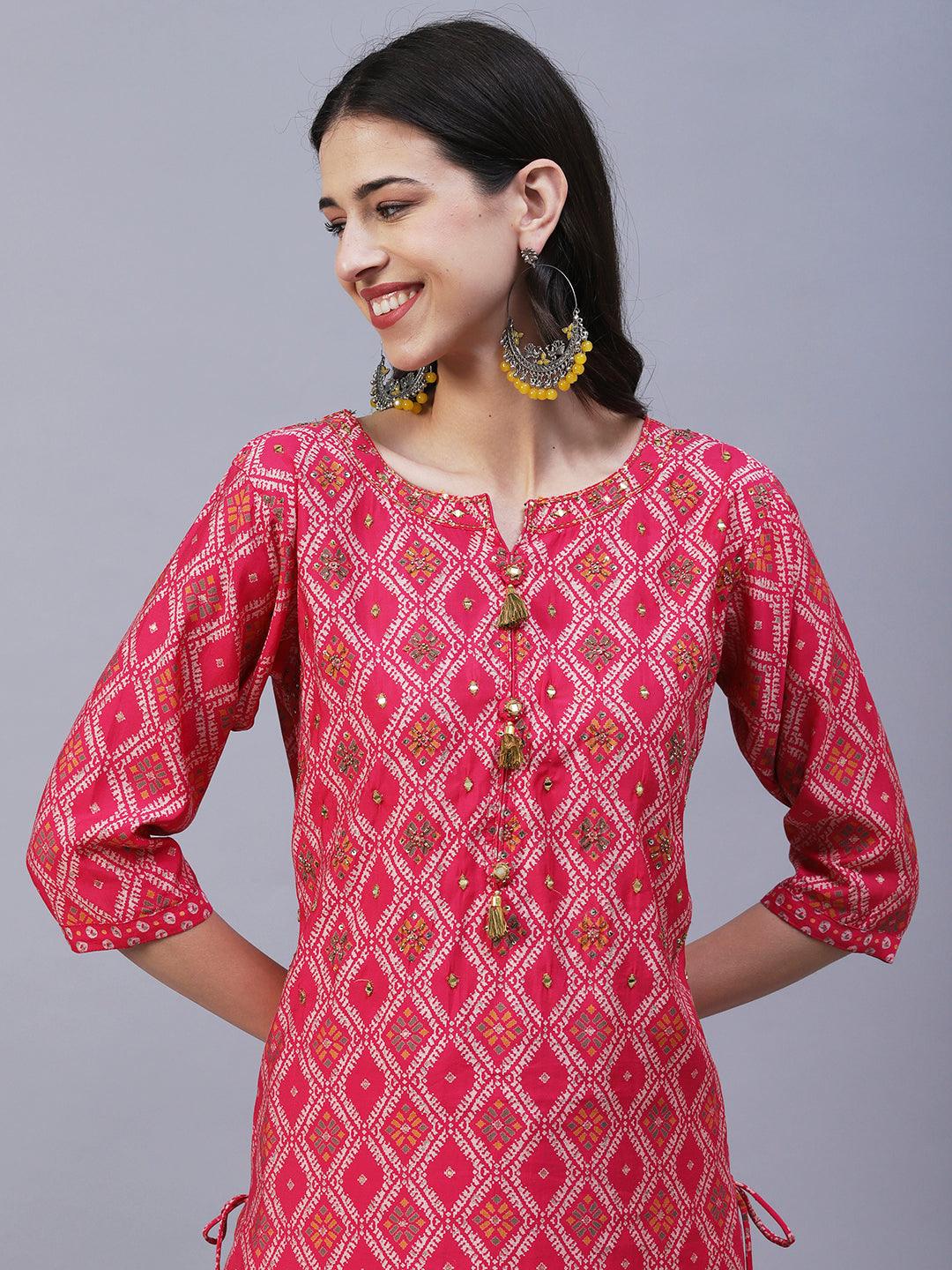 Ethnic Printed & Embroidered Straight Kurta with Skirt & Dupatta - Pink - Indiakreations