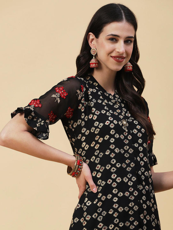 Abstract Printed Stone Brooch Ornamented Resham Embroidered Kurta - Black - Indiakreations