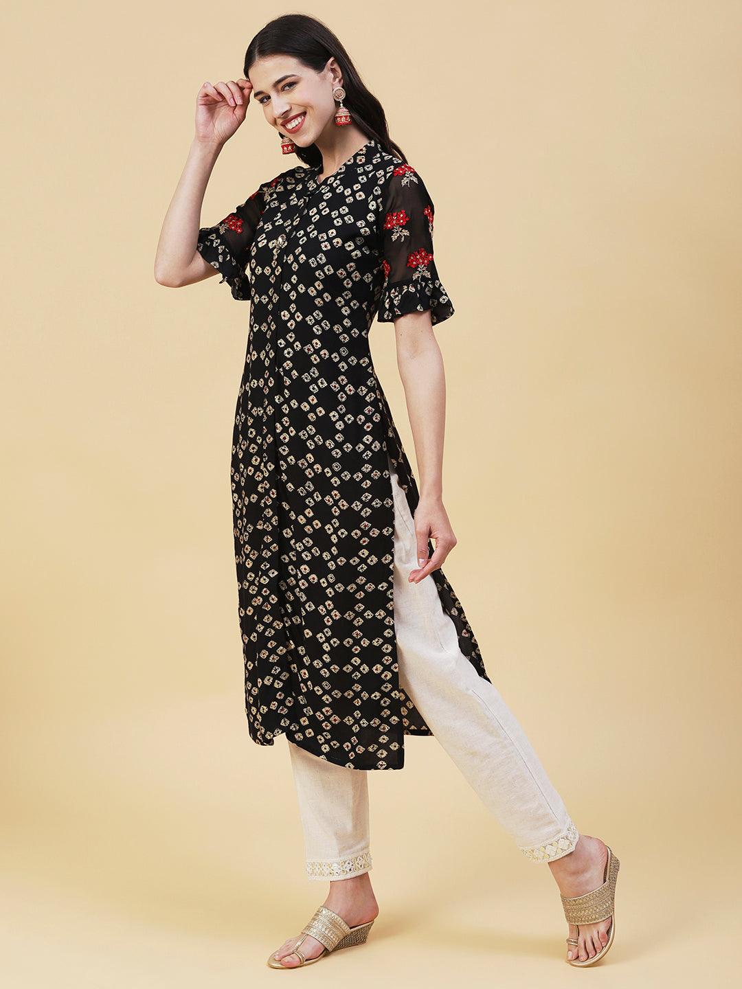 Abstract Printed Stone Brooch Ornamented Resham Embroidered Kurta - Black - Indiakreations